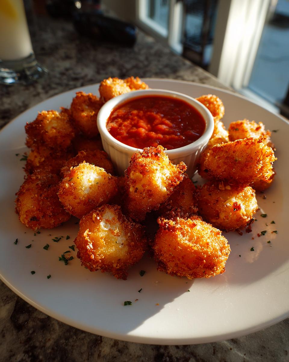 A plate of crispy Ghost Mozzarella Bites served with a side of marinara sauce.