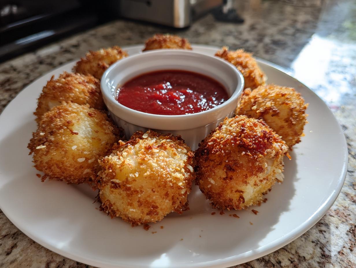 A plate of golden Ghost Mozzarella Bites with Marinara dipping sauce in the center.