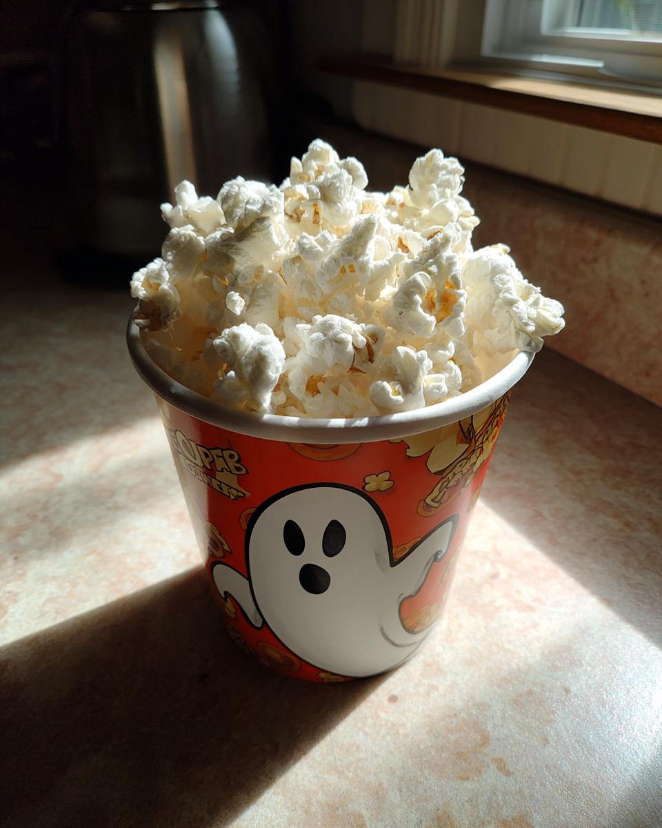 A cup filled with popcorn, decorated with a ghost, for Ghost Popcorn Cups Halloween treat.