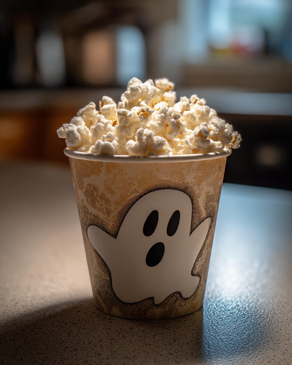 Close-up of a Ghost Popcorn Cup filled with popcorn, a fun and easy Halloween treat.