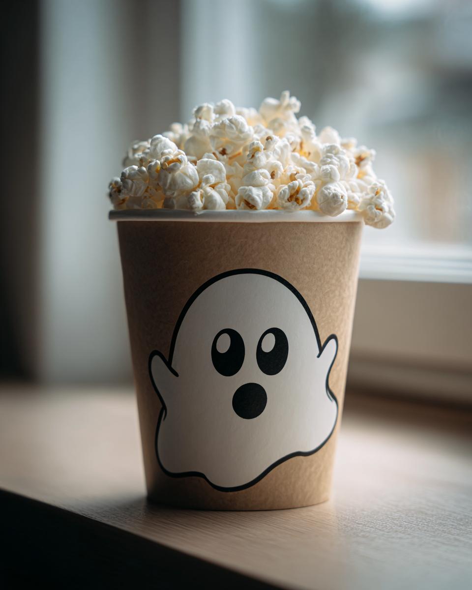 A single Ghost Popcorn Cup filled with popcorn, sitting on a wooden surface, ready for a Halloween treat.