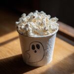 A Ghost Popcorn Cup filled with popcorn, perfect for a Halloween treat.
