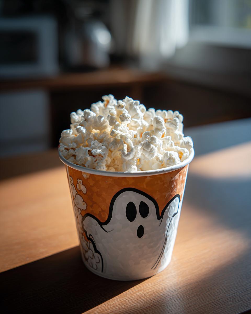 A cup filled with popcorn, decorated with a ghost design, for Halloween Ghost Popcorn Cups.