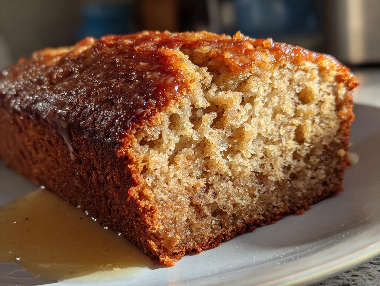 Close-up of a glazed banana bread loaf on a plate, showcasing its moist texture. Ultimate Banana Bread Guide.