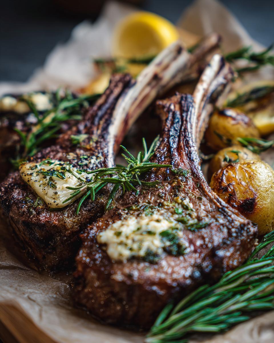 Grilled lamb chops with herb butter and roasted potatoes, perfect for Ultimate Dinner Recipes. Garnished with rosemary.