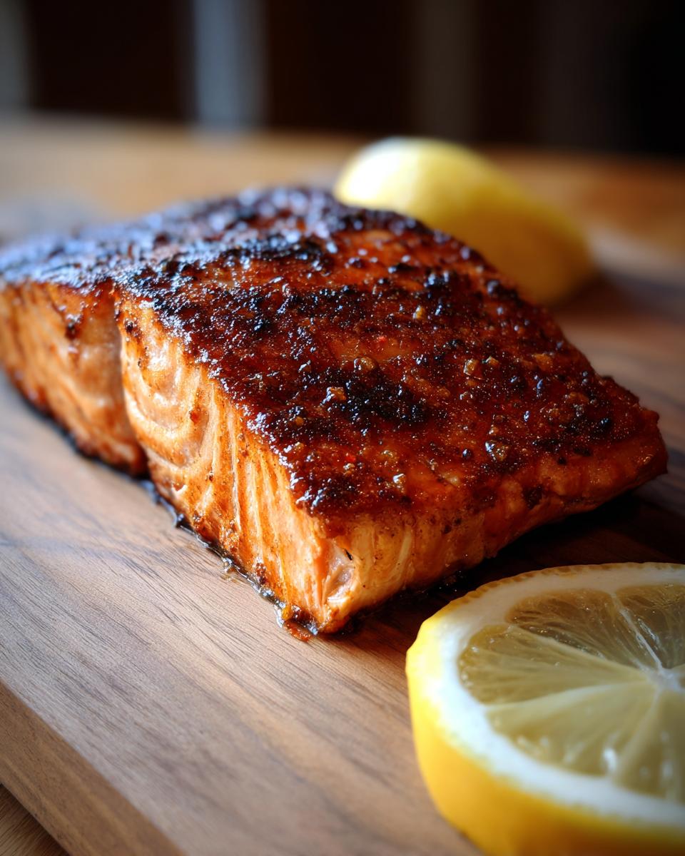 Juicy Grilled Salmon for Beginners recipe, served with lemon on a wooden board.