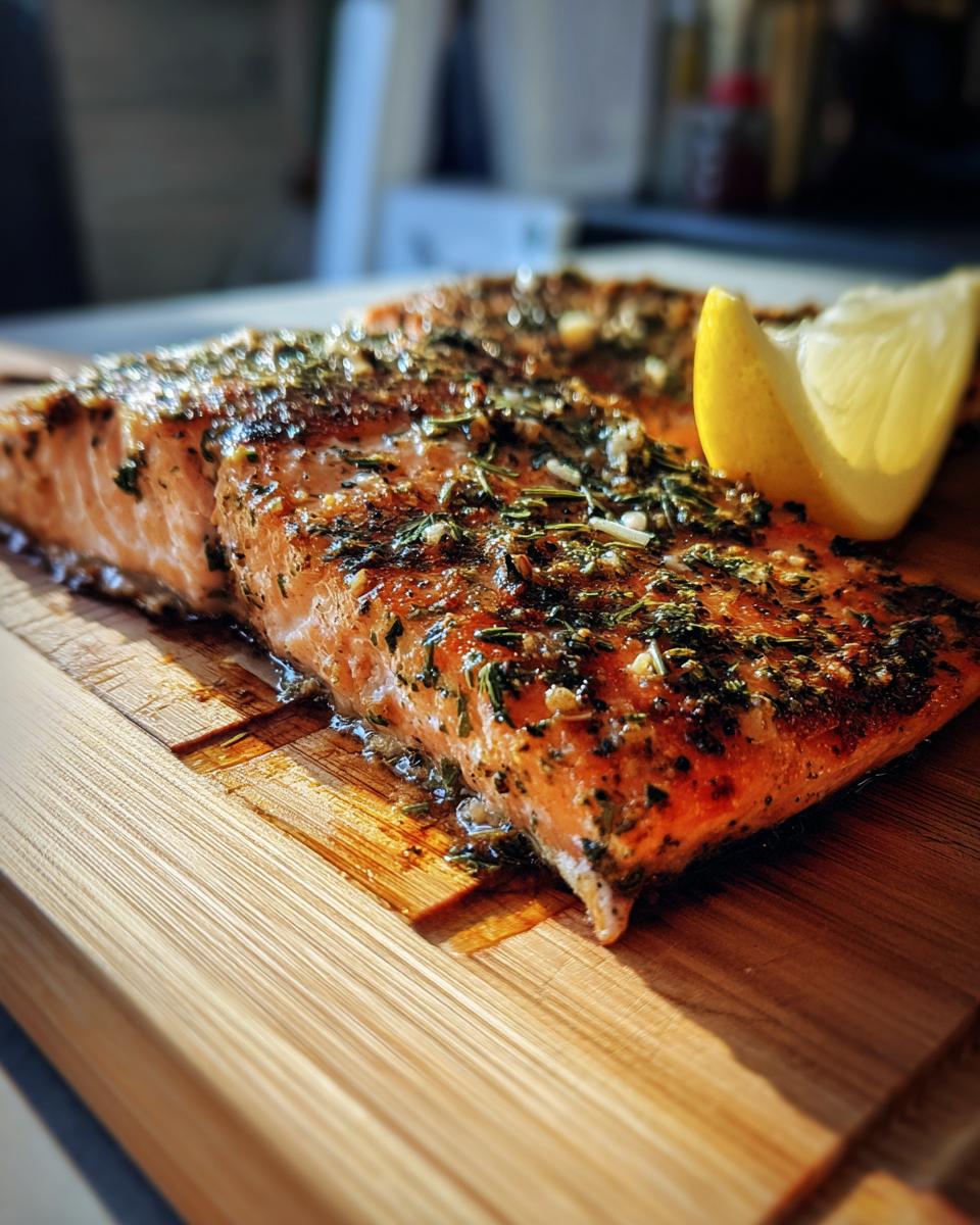 Two pieces of Grilled Salmon for Beginners, seasoned with herbs and served with a lemon wedge on a wooden board.