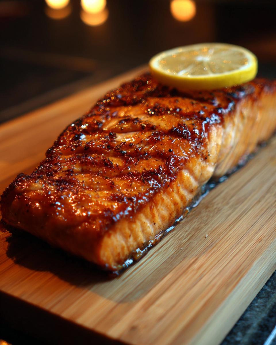 A beautifully Grilled Salmon fillet, garnished with a lemon slice, ready for the Grilled Salmon for Beginners recipe.