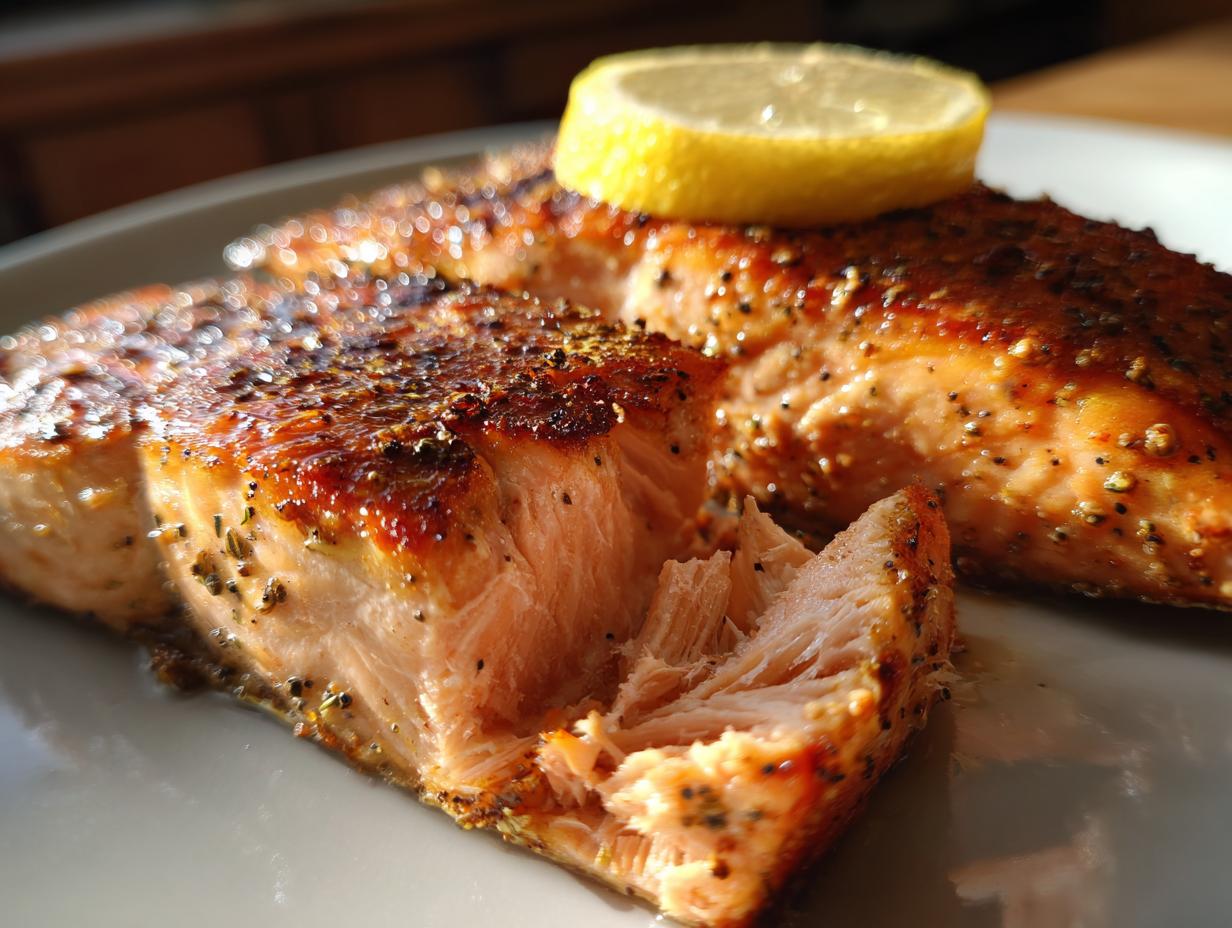 Close-up of flaky, seasoned grilled salmon with a lemon wedge, showcasing a Grilled Salmon for Beginners recipe.