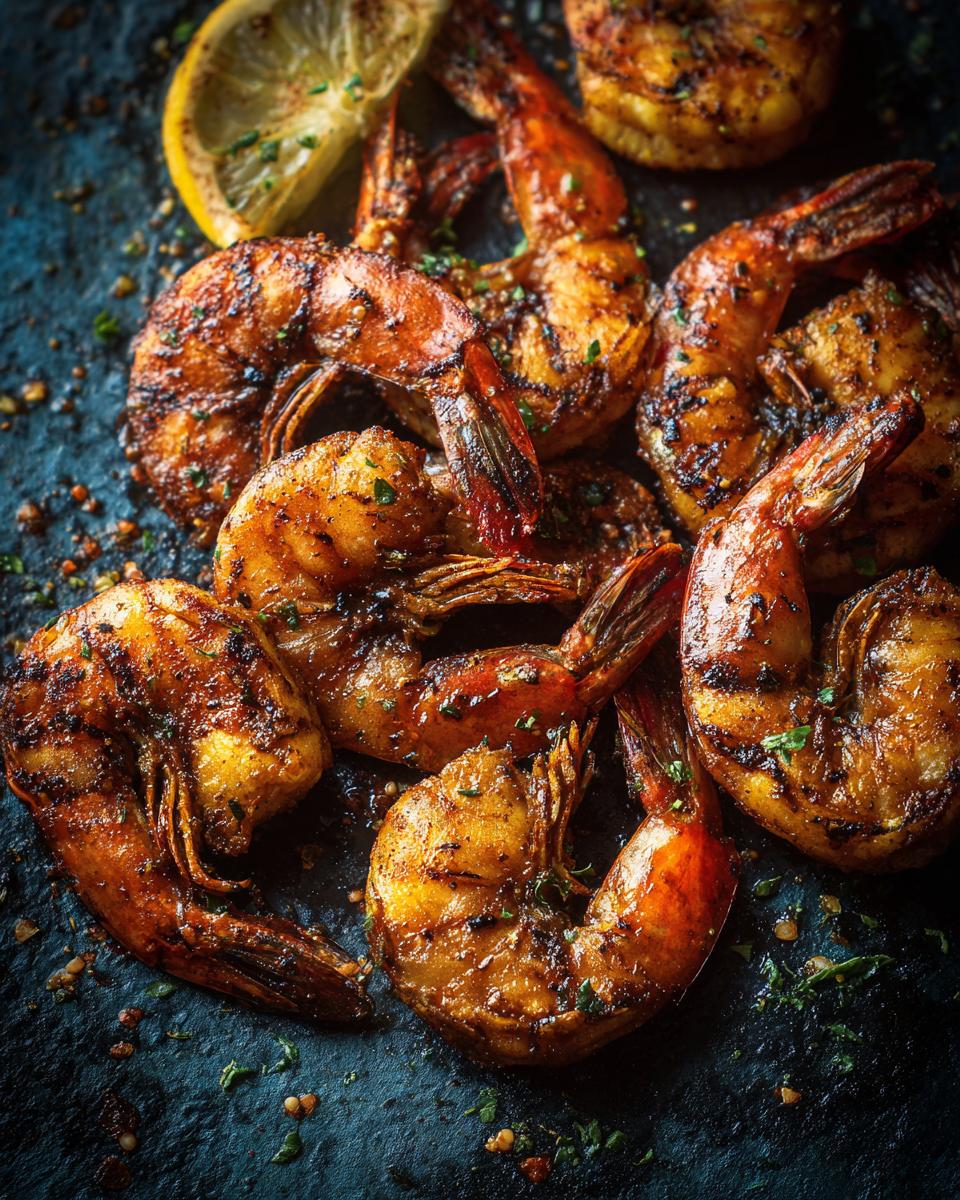 Grilled shrimp with lemon, a delicious and easy dinner recipe option. Close-up shot.