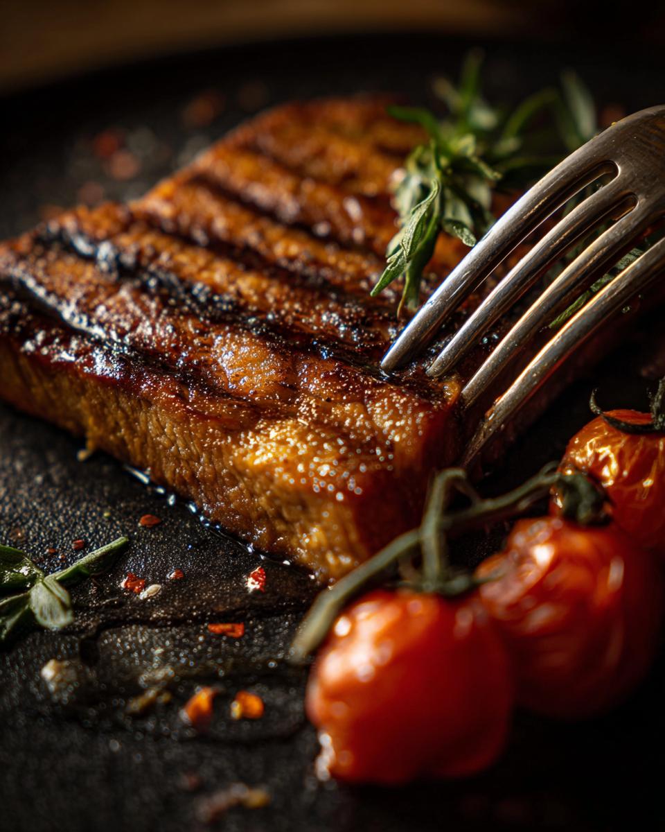 Close-up of a grilled steak with cherry tomatoes and herbs, part of foolproof dinner recipes.