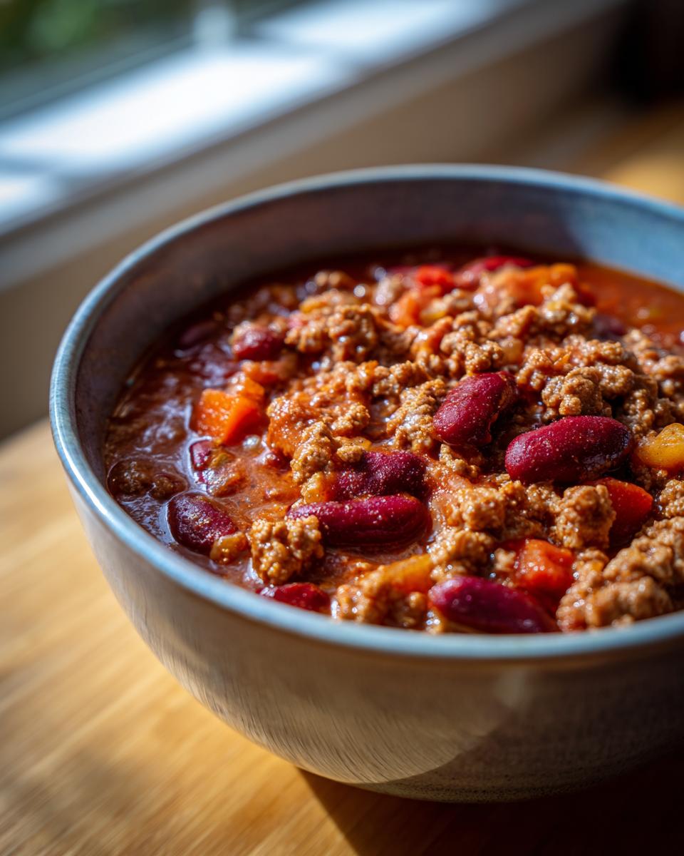 A hearty bowl of ground beef chili, perfect for Ground Beef Recipes for Busy Weeknights.
