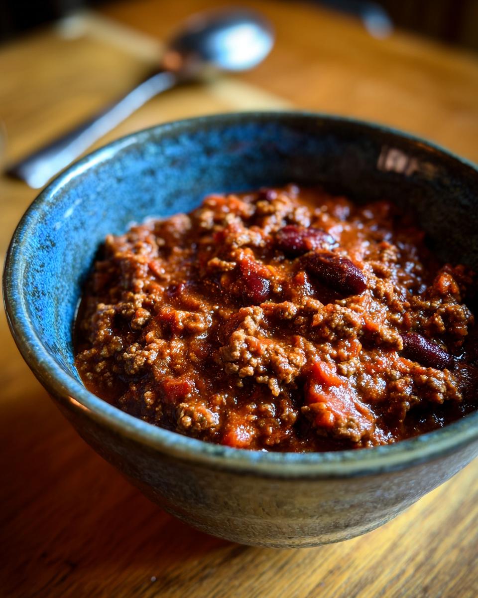 A bowl of hearty chili, a delicious and easy 5-Ingredient Ground Beef Recipes dish, with ground beef, beans, and tomatoes.
