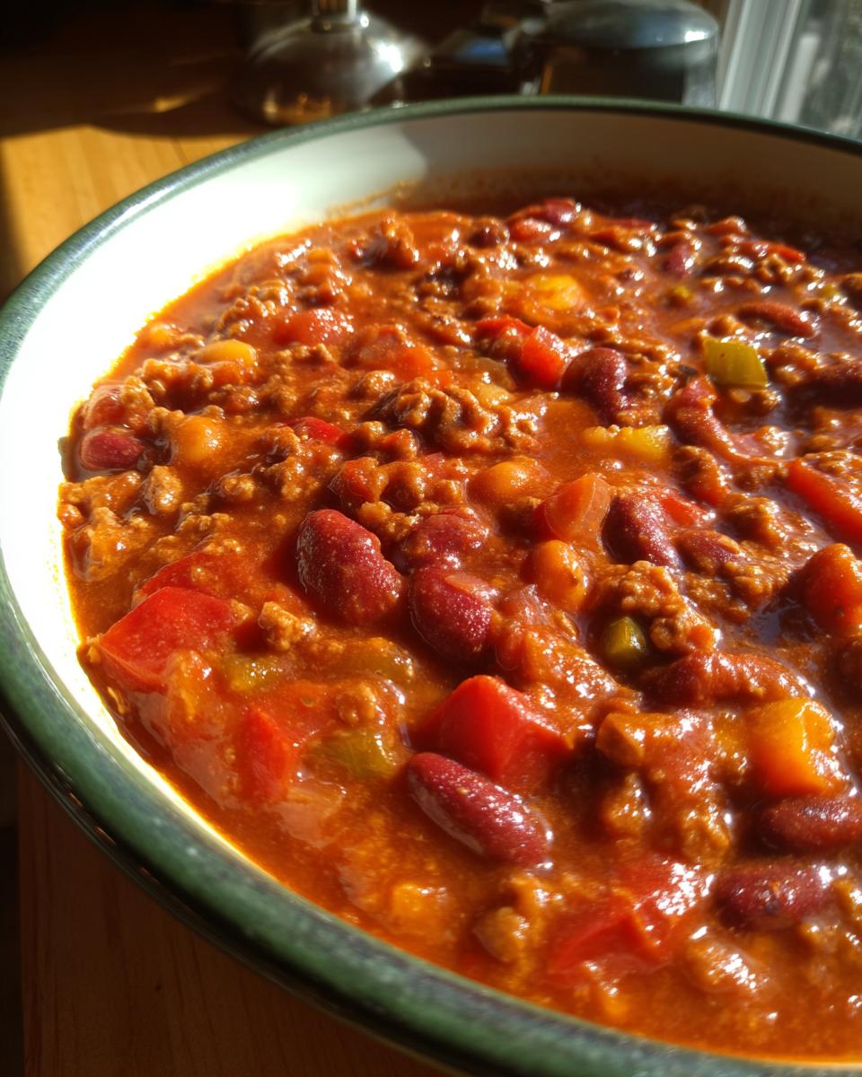 Close-up of a hearty ground beef recipe with kidney beans, tomatoes, and peppers in a bowl.