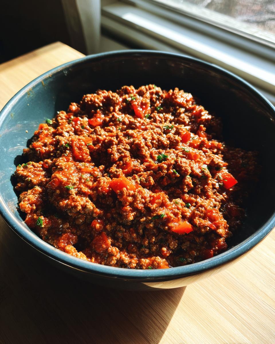 Bowl of ground beef recipe with tomatoes and herbs, ready to be served. Perfect for easy weeknight meals.