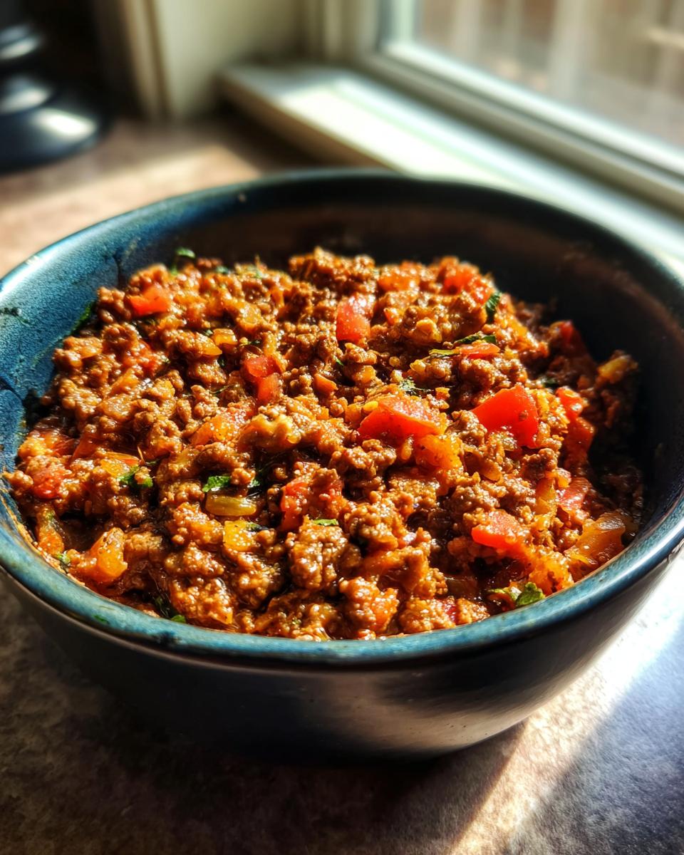 A bowl of cooked ground beef recipe with tomatoes and herbs, ready to be served.