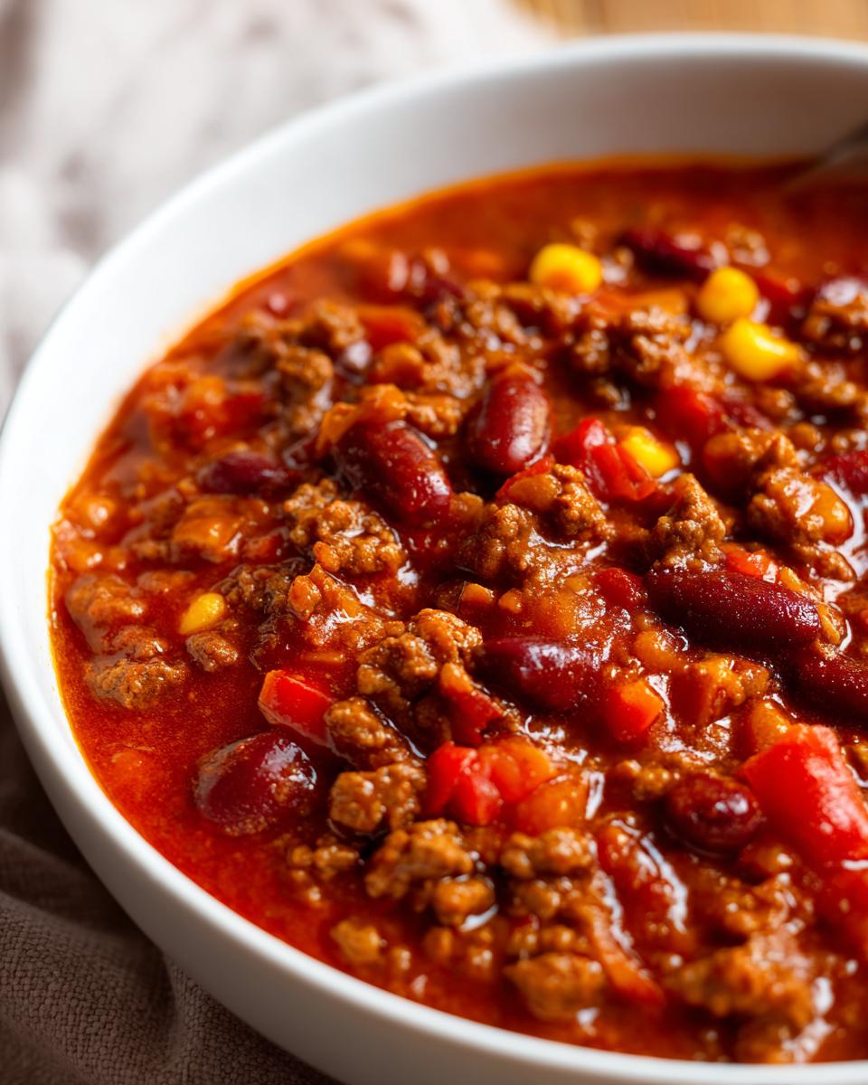 A bowl of chili, a quick ground beef recipe, featuring ground beef, kidney beans, corn, and red peppers.