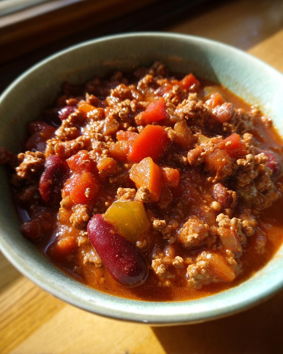 A bowl of hearty chili, a quick ground beef recipe, featuring ground beef, kidney beans, tomatoes, and peppers.