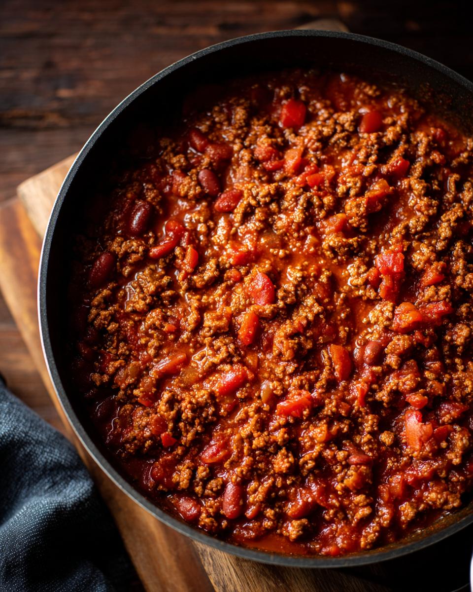 Overhead shot of a hearty chili with ground beef, tomatoes, and beans, a quick ground beef recipe.