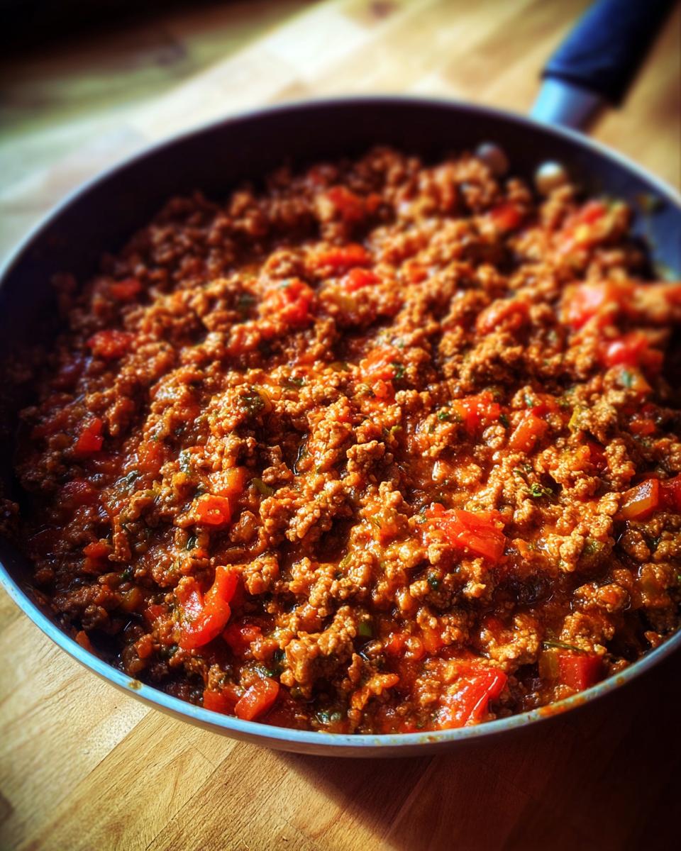 Ground beef recipe with tomatoes and herbs simmering in a skillet, ready to serve.