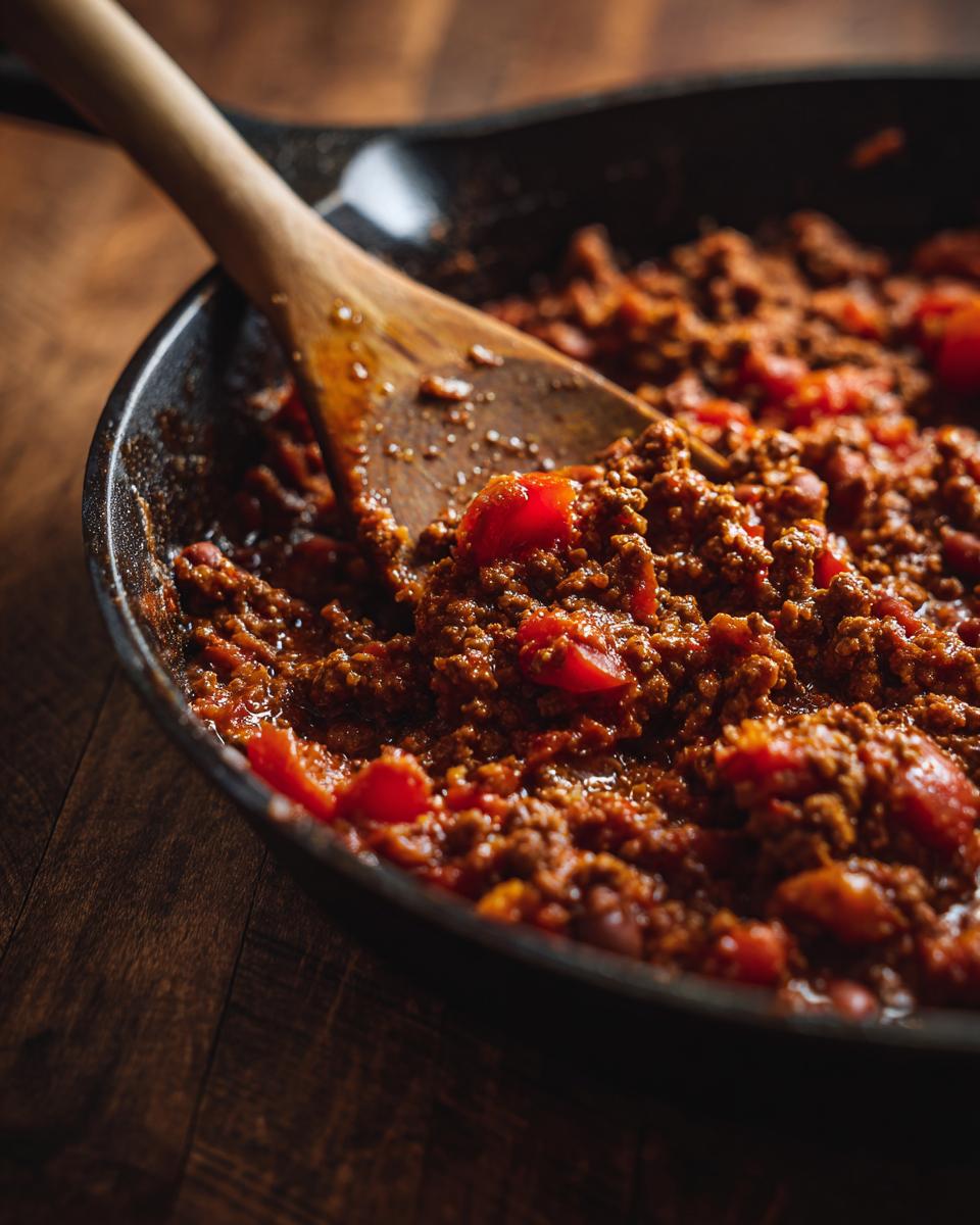 Close-up of ground beef recipe with tomato sauce in a skillet, ready in 20 minutes.