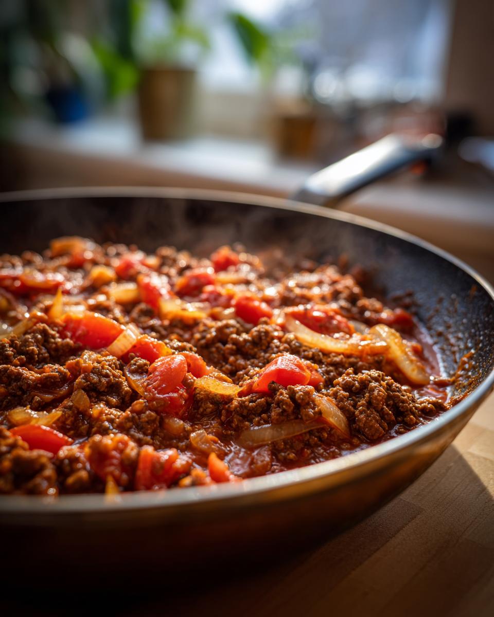 A skillet filled with ground beef, tomatoes, and onions, part of our ultimate ground beef recipes guide.