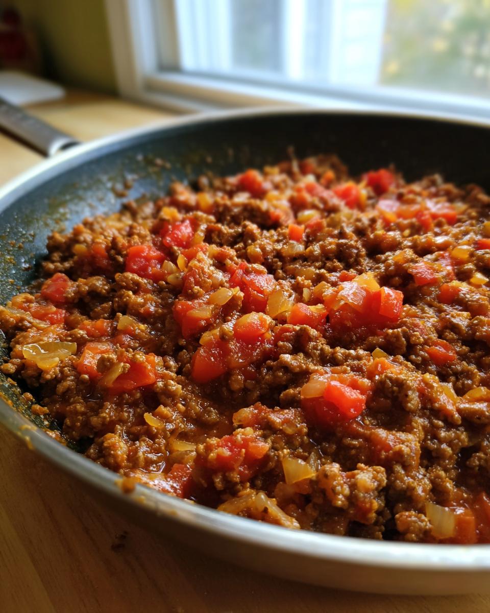 Close-up of ground beef recipe cooking in a pan with diced tomatoes and onions. Part of the Ultimate Ground Beef Recipes Guide.