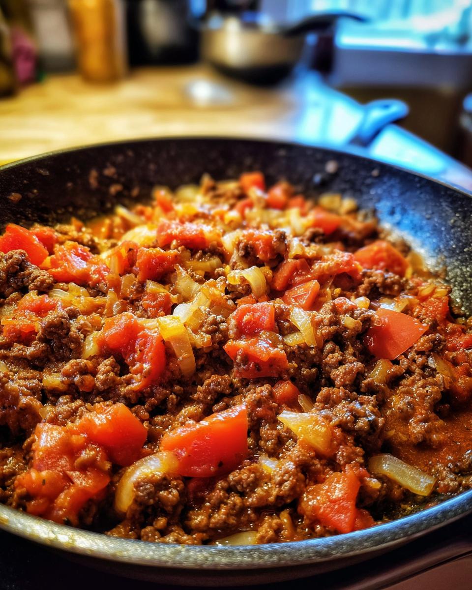 Ground beef recipe with diced tomatoes and onions cooking in a skillet. Part of the Ultimate Ground Beef Recipes Guide.