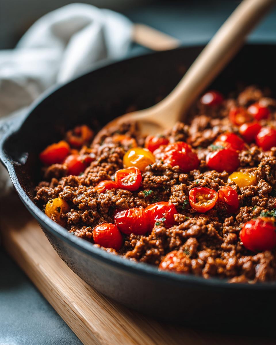 Close-up of a skillet with ground beef recipe and halved red and yellow cherry tomatoes, ready in 20 minutes.