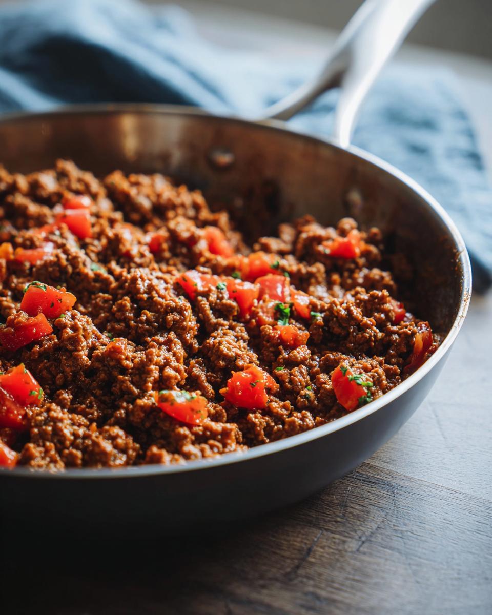 Close-up of cooked ground beef recipe in a skillet with diced tomatoes and herbs.