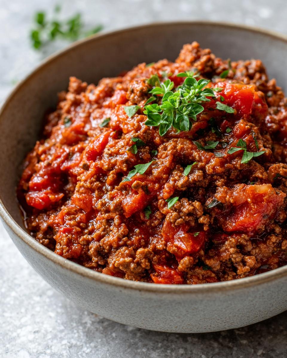 Bowl of ground beef and tomato sauce, a Ground Beef Recipes Recipe Everyone Asks For, garnished with fresh herbs.