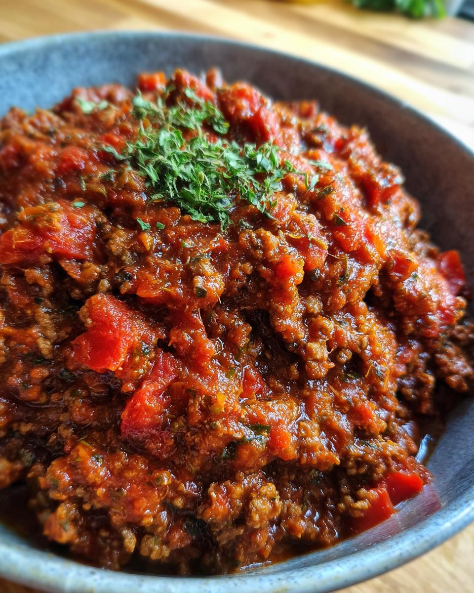 Close-up of a bowl of ground beef and tomato sauce, a Ground Beef Recipes Recipe Everyone Asks For.