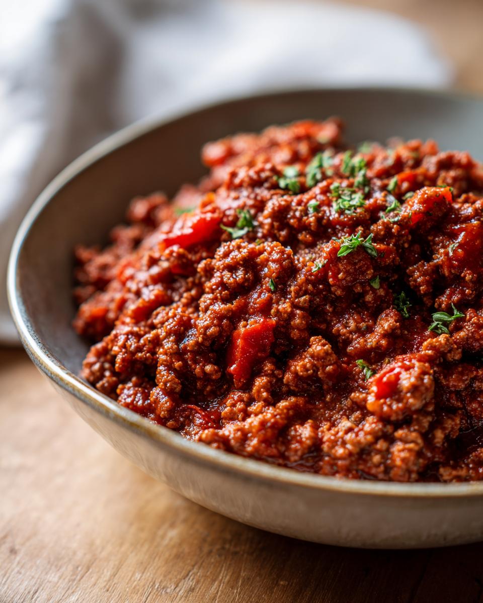 Close-up of a bowl of hearty ground beef sauce, a key ingredient in Ground Beef Recipes Recipe Everyone Asks For.