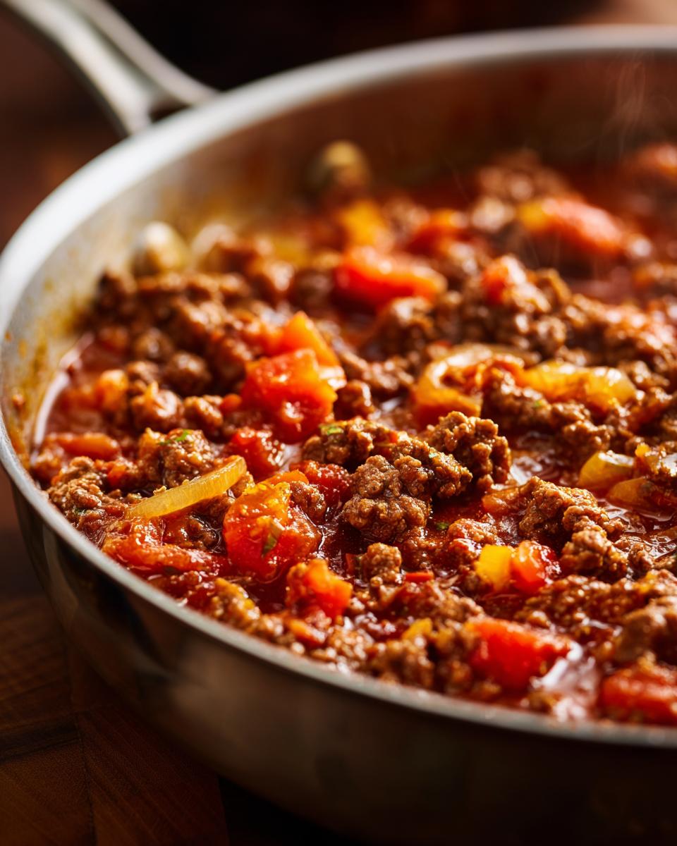 Close-up of ground beef simmering in a rich tomato sauce with onions and tomatoes, part of the Ultimate Ground Beef Recipes Guide.