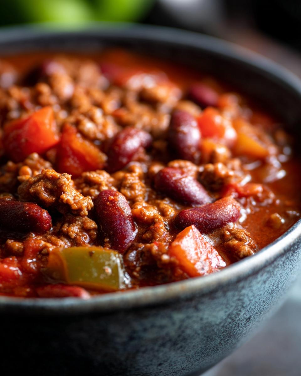Close-up of a bowl of Ground Turkey Chili (Stovetop) with kidney beans, ground turkey, and diced vegetables.