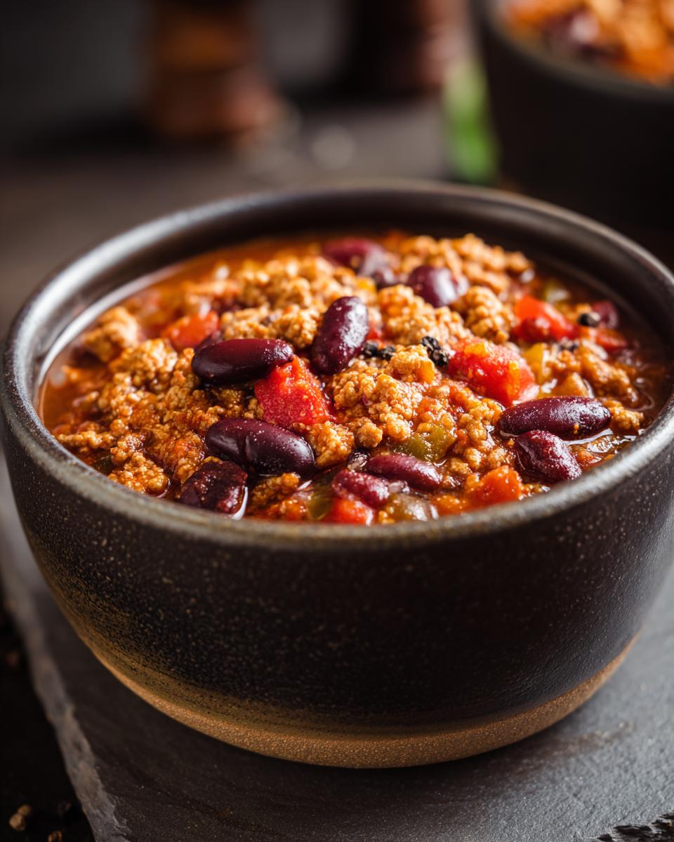 A bowl of hearty Ground Turkey Chili (Stovetop) with kidney beans, tomatoes, and ground turkey.