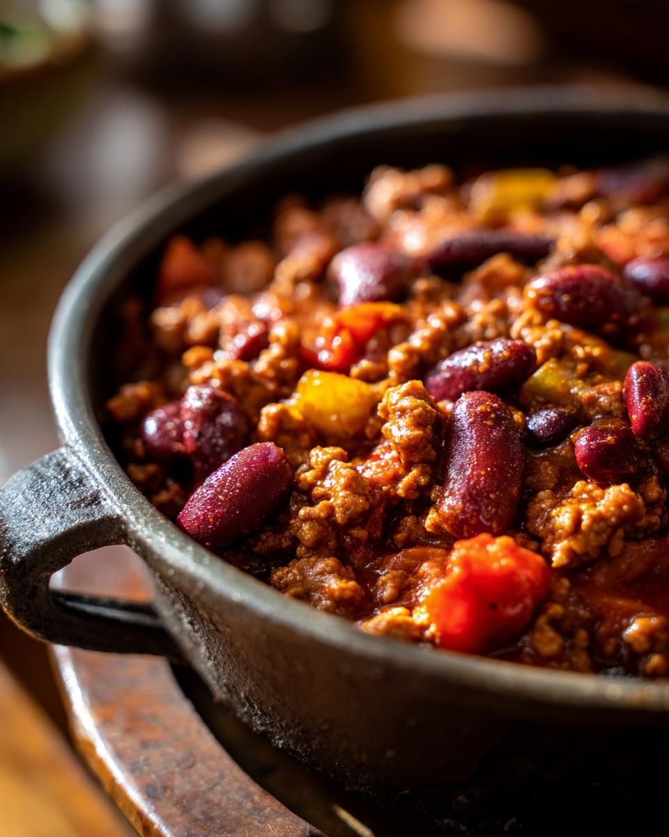 Close-up of Ground Turkey Chili (Stovetop) in a cast iron pot, showing ground turkey, kidney beans, and vegetables.