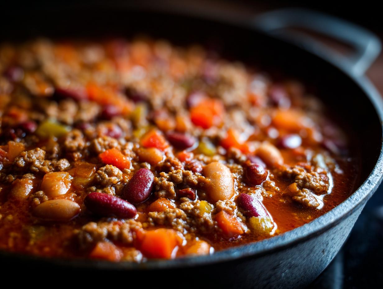 Close-up of Ground Turkey Chili (Stovetop) simmering in a cast iron pan, showing beans and vegetables.
