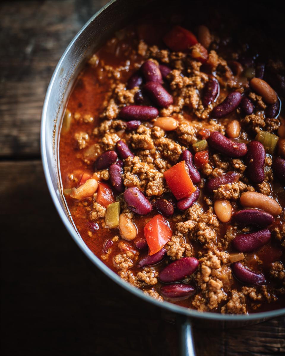 A pot of hearty Ground Turkey Chili (Stovetop) with kidney beans, ground turkey, and vegetables.