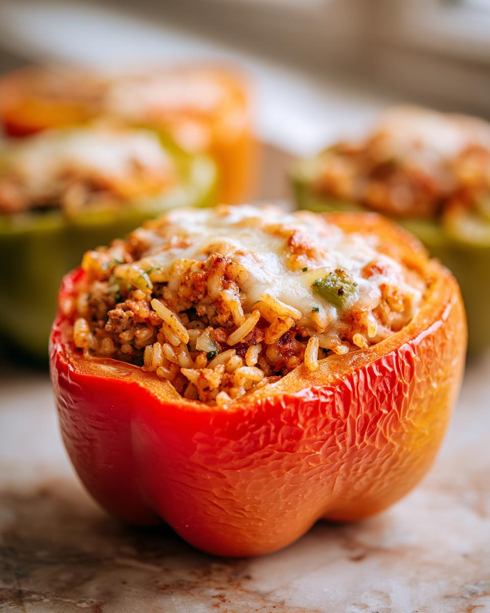Close-up of a red Ground Turkey Stuffed Pepper topped with melted cheese, with other peppers in the background.
