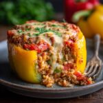 A delicious yellow Ground Turkey Stuffed Pepper, topped with melted cheese and parsley, served on a plate with a fork.