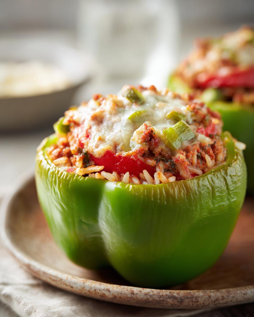 Two Ground Turkey Stuffed Peppers, one green and one red, served on a rustic plate.