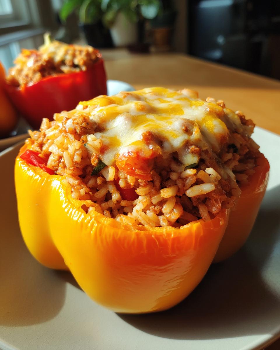 A yellow bell pepper filled with ground turkey, rice, and vegetables, topped with melted cheese. Ground Turkey Stuffed Peppers recipe.