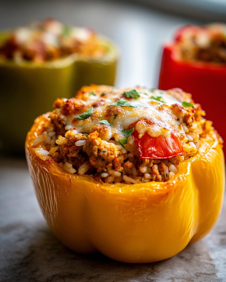 A yellow bell pepper filled with ground turkey, rice, and topped with melted cheese. Ground Turkey Stuffed Peppers recipe.