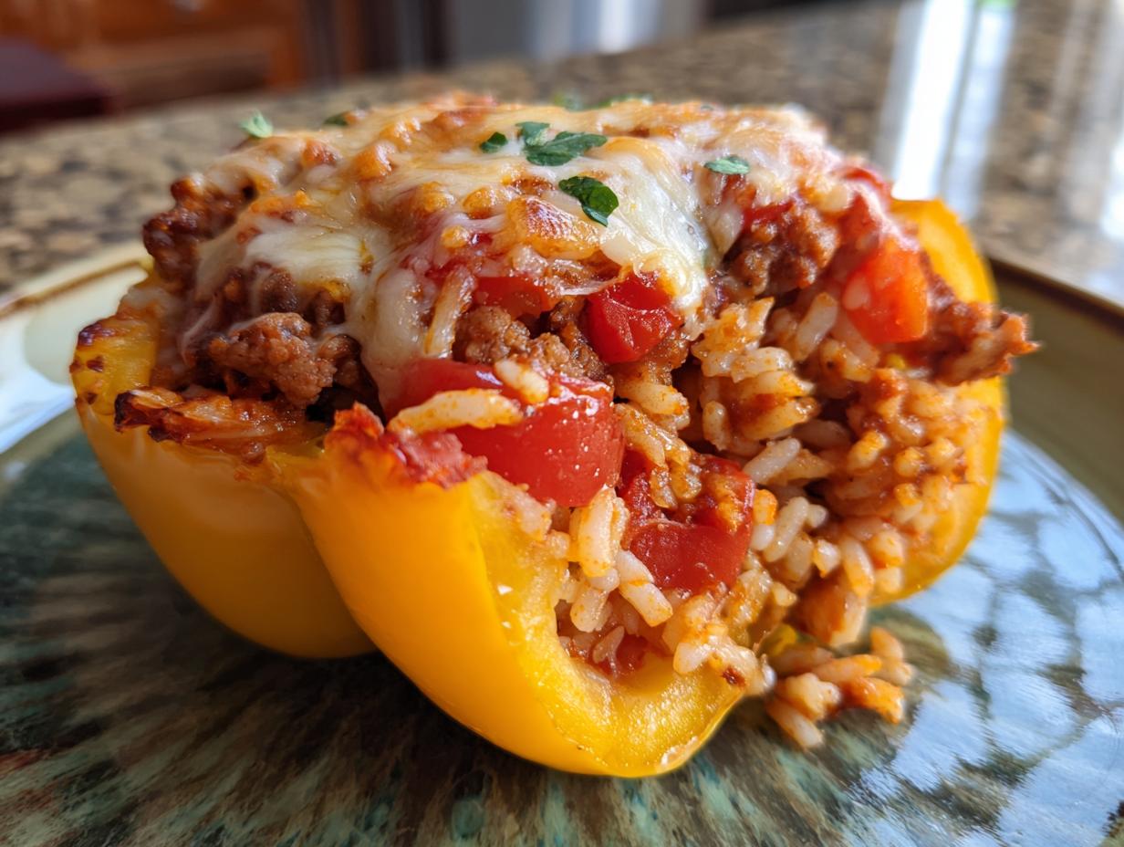 A yellow bell pepper filled with ground turkey, rice, tomatoes, and melted cheese. Ground Turkey Stuffed Peppers recipe.