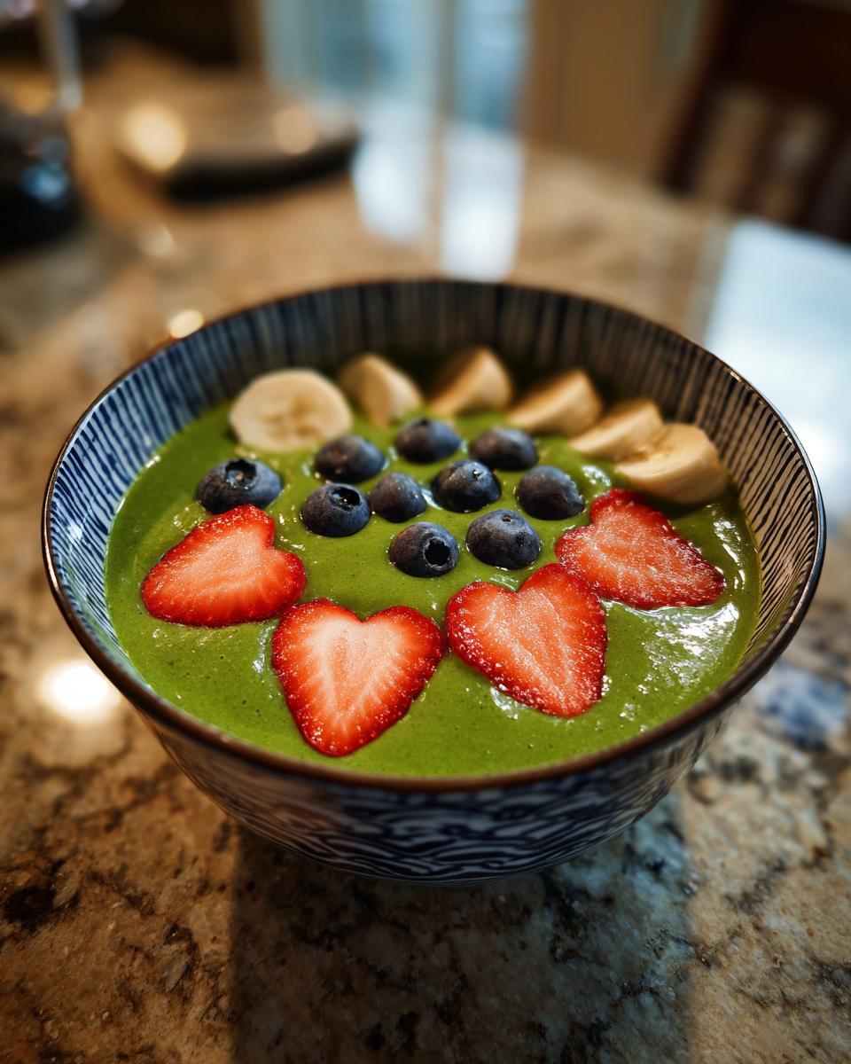 A vibrant green Halloween Smoothie Bowl topped with strawberries, blueberries, and banana slices in a decorative bowl.