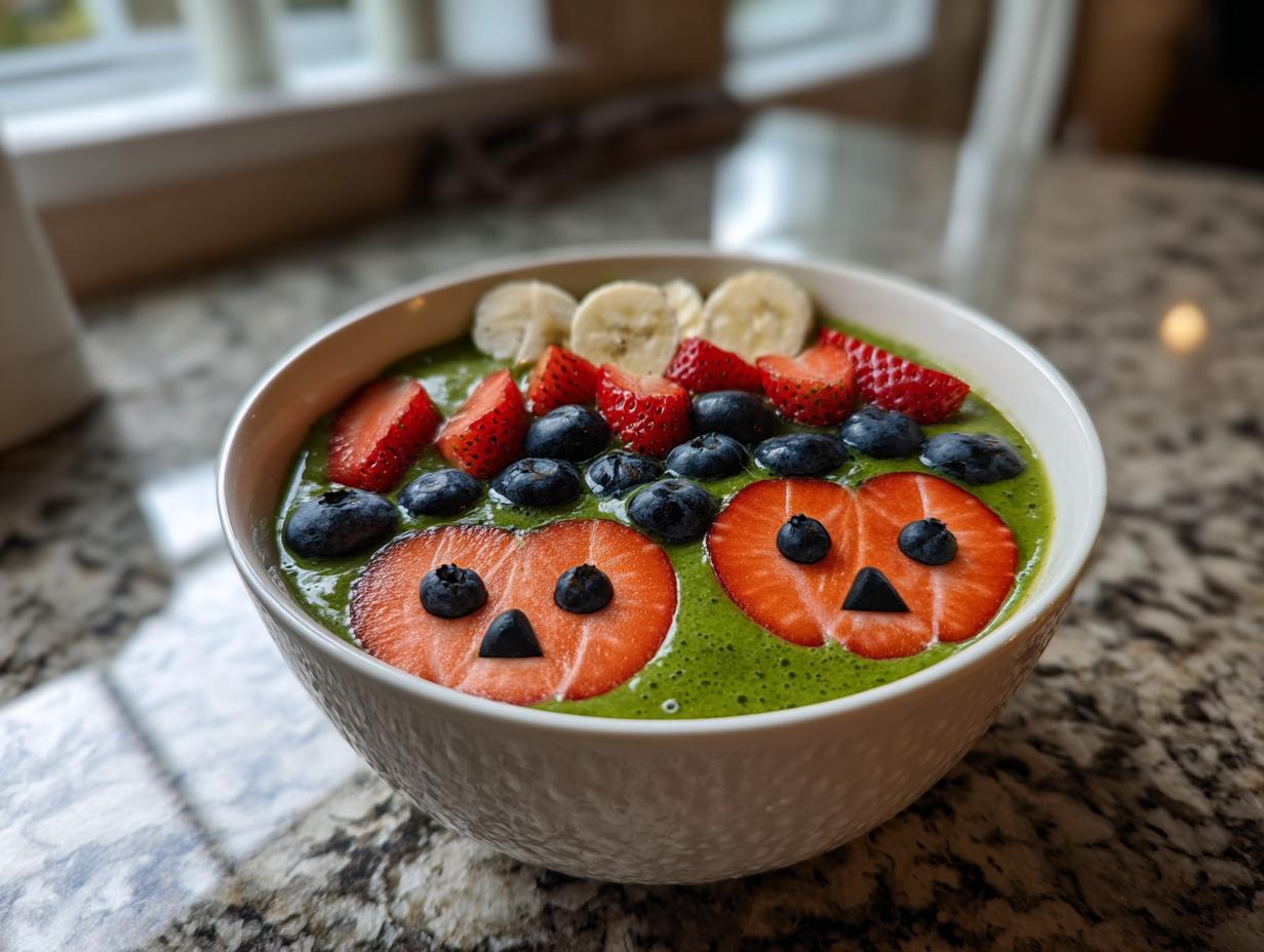A vibrant green Halloween Smoothie Bowl decorated with strawberry pumpkins, blueberries, and banana slices.