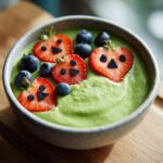 A vibrant green Halloween Smoothie Bowl topped with strawberry jack-o'-lanterns and blueberries.