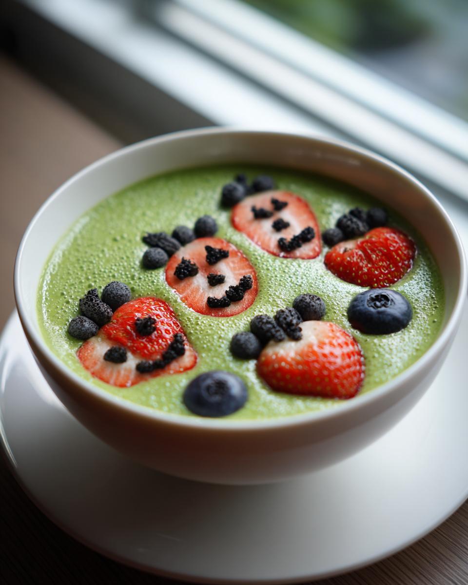 A green Halloween Smoothie Bowl decorated with strawberry jack-o'-lanterns and blueberries.