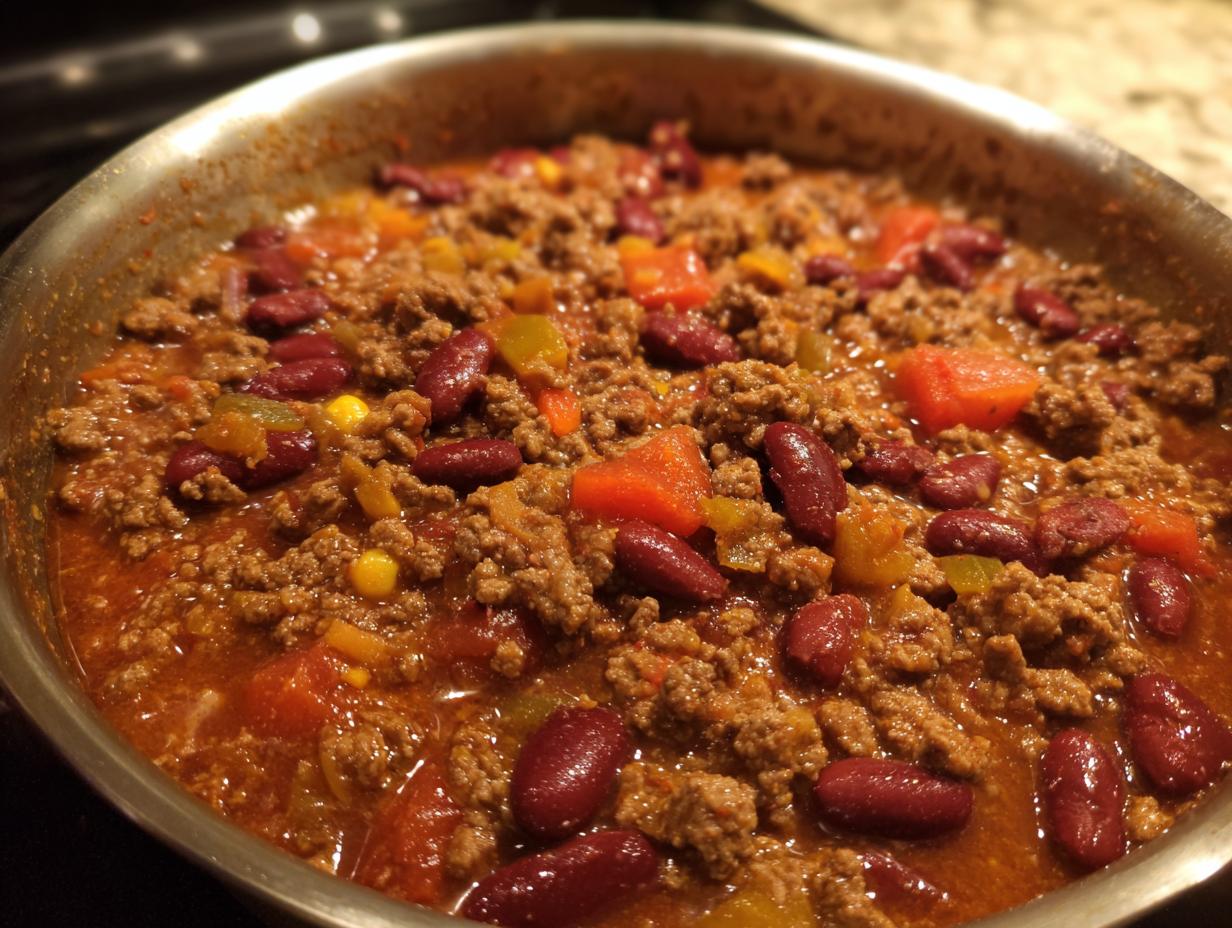 A pot of hearty chili, a great dinner idea, with ground beef, kidney beans, and vegetables.